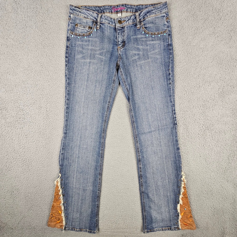 Younique Bootcut Jeans 32x32.5 Blue Embroidered Gusset Studded Western Flare